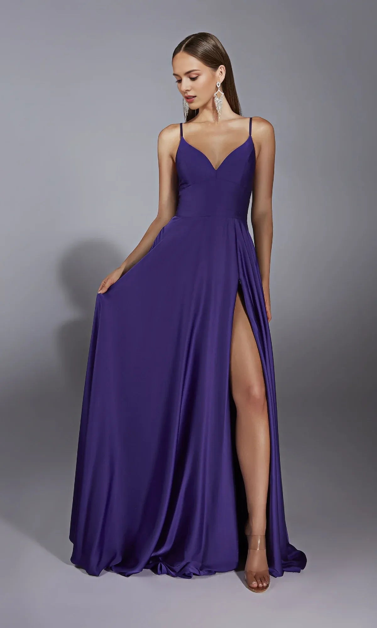 Robe Weitese classique trapèze sans manches, col en V, dos nu, satin violet, traîne courte